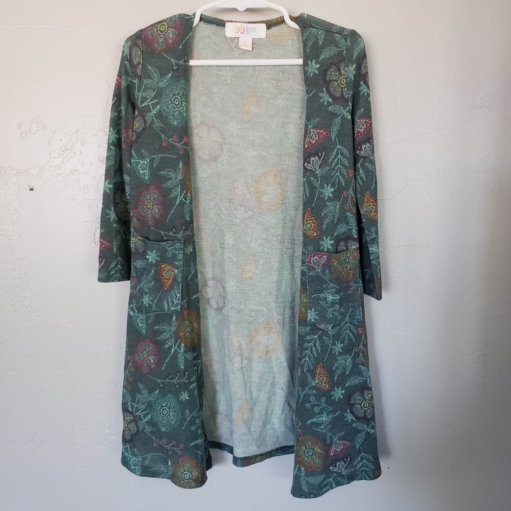 LuLaRoe Toddler Girl 2 Long Sleeve Cardigan Teal Green Floral Print Flowers